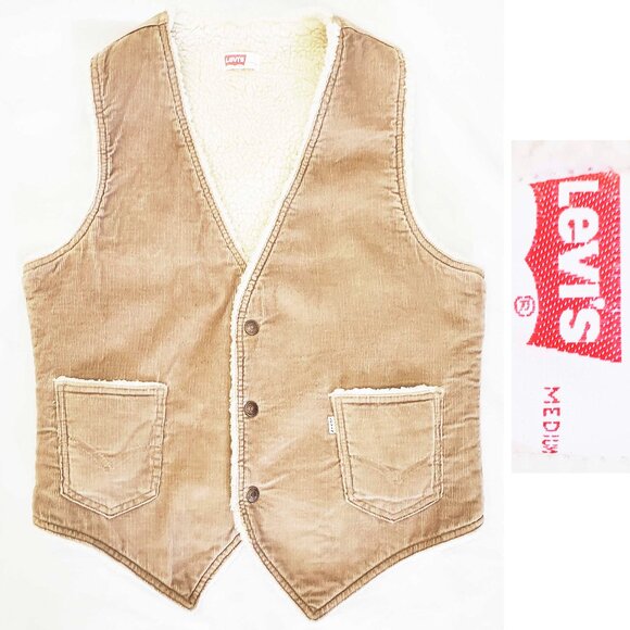 Levis Vintage 1970s Mens White Tab Corduroy Sherpa Vest Tan USA